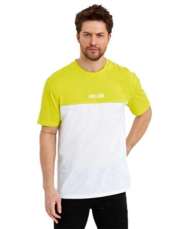 Erkek Bisiklet Yaka Blok Renkli Regular Fit Baskılı Tişört
