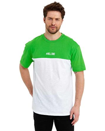 Erkek Bisiklet Yaka Blok Renkli Regular Fit Baskılı Tişört