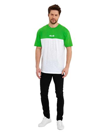 Erkek Bisiklet Yaka Blok Renkli Regular Fit Baskılı Tişört