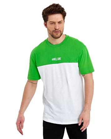 Erkek Bisiklet Yaka Blok Renkli Regular Fit Baskılı Tişört
