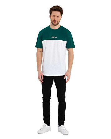 Erkek Bisiklet Yaka Blok Renkli Regular Fit Baskılı Tişört