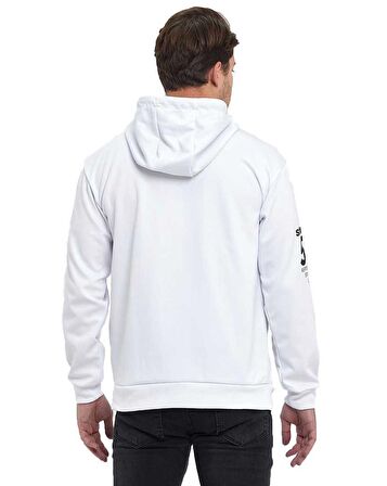 Beyaz Kapüşonlu Koordinat Baskılı Kanguru Cepli Sweatshirt