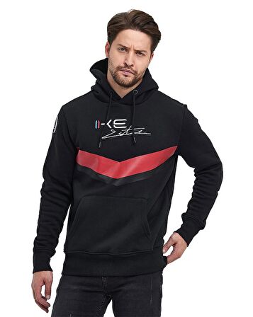 Siyah Kapüşonlu Mavi/Kırmızı Baskılı Kanguru Cepli Sweatshirt