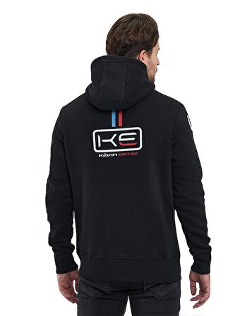 Siyah Kapüşonlu Mavi/Kırmızı Baskılı Kanguru Cepli Sweatshirt