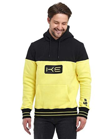 Sarı/Siyah Kapüşonlu 3 İplik Baskılı Kanguru Cepli Sweatshirt