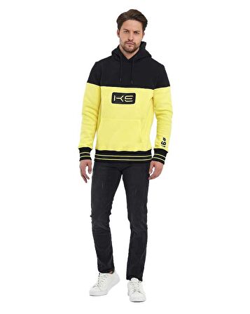 Sarı/Siyah Kapüşonlu 3 İplik Baskılı Kanguru Cepli Sweatshirt