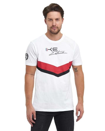 Beyaz Renk Kırmızı Siyah Baskılı Erkek Kısa Kol Bisiklet Yaka T-shirt