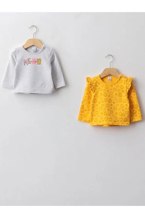 LCW baby Sarı Bisiklet Yaka Uzun Kol Kız Bebek Tişört 2'li