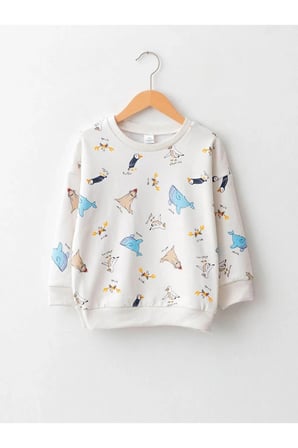 LCW baby Ekru Bisiklet Yaka Uzun Kollu Baskılı Pamuklu Erkek Bebek Sweatshirt