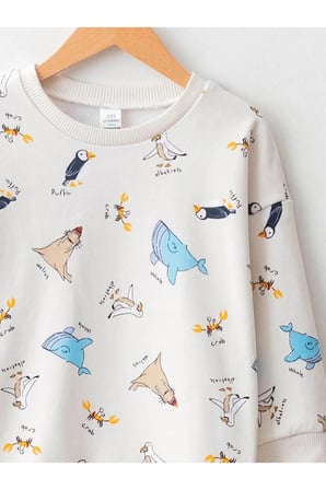 LCW baby Ekru Bisiklet Yaka Uzun Kollu Baskılı Pamuklu Erkek Bebek Sweatshirt