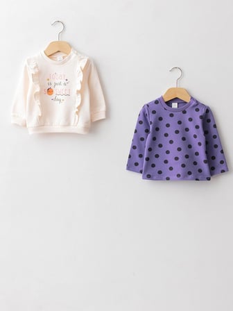 LCW baby Ekru Bisiklet Yaka Uzun Kollu Pamuklu Kız Bebek Sweatshirt 2'li