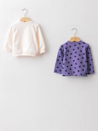 LCW baby Ekru Bisiklet Yaka Uzun Kollu Pamuklu Kız Bebek Sweatshirt 2'li