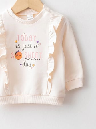 LCW baby Ekru Bisiklet Yaka Uzun Kollu Pamuklu Kız Bebek Sweatshirt 2'li