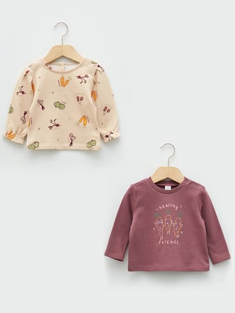 LCW baby Pembe Bisiklet Yaka Uzun Kollu Baskılı Pamuklu Kız Bebek Sweatshirt 2'li