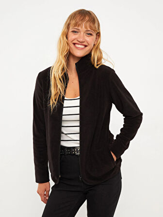 LCWAIKIKI Basic SİYAH Dik Yaka Düz Uzun Kollu Polar Kadın Spor Hırka