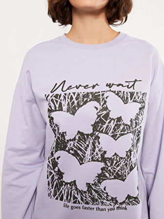 LCW Vision Lila Bisiklet Yaka Baskılı Uzun Kollu Kadın Sweatshirt