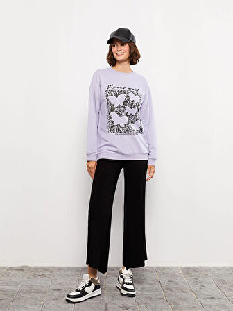 LCW Vision Lila Bisiklet Yaka Baskılı Uzun Kollu Kadın Sweatshirt