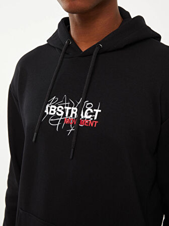 LCW Casual Siyah Uzun Kollu Baskılı Erkek Hoodie