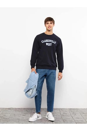 LCW Casual Lacivert Bisiklet Yaka Uzun Kollu Baskılı Erkek Sweatshirt