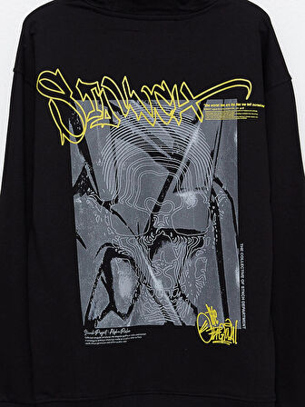 LCW Casual Siyah Uzun Kollu Baskılı Erkek Hoodie