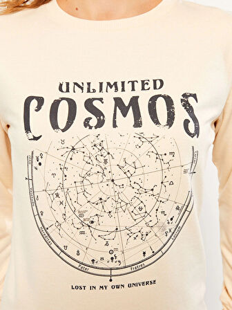 LCW Vision Bej Bisiklet Yaka Baskılı Uzun Kollu Kadın Sweatshirt