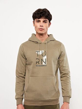 LCW Casual HAKİ Uzun Kollu Baskılı Erkek Kalın Hoodie