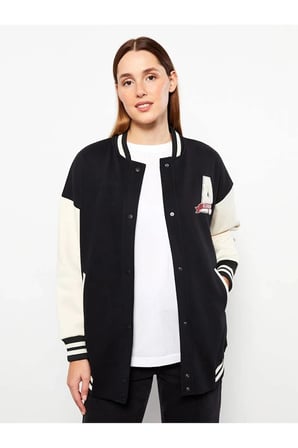 LCW Modest Siyah Bomber Yaka Nakışlı Kadın Kolej Ceket