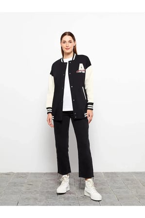 LCW Modest Siyah Bomber Yaka Nakışlı Kadın Kolej Ceket
