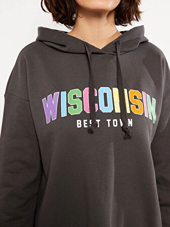 LCW Vision Antrasit Kapüşonlu Baskılı Uzun Kollu Kadın Sweatshirt