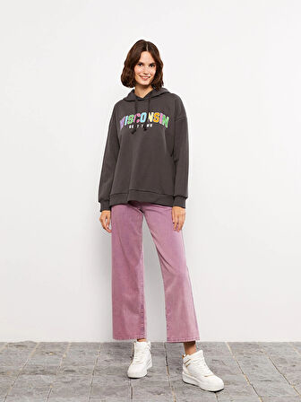 LCW Vision Antrasit Kapüşonlu Baskılı Uzun Kollu Kadın Sweatshirt