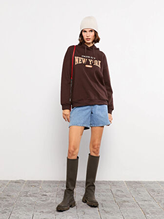 LCW Vision Kahverengi Baskılı Kadın Kalın Hoodie
