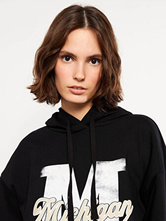 LCW Vision Siyah Baskılı Kadın Kalın Hoodie