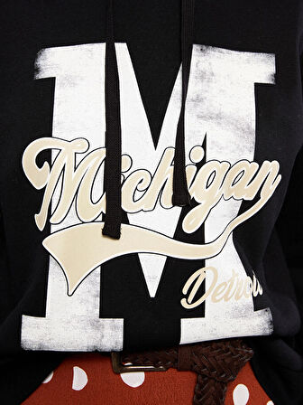 LCW Vision Siyah Baskılı Kadın Kalın Hoodie