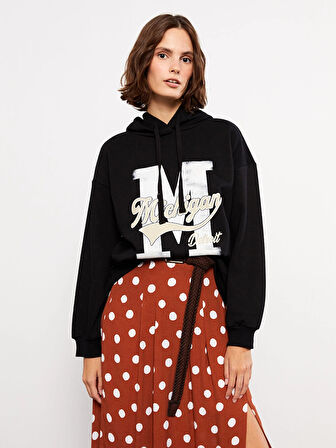 LCW Vision Siyah Baskılı Kadın Kalın Hoodie