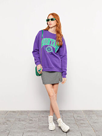 LCW Vision MOR Bisiklet Yaka Baskılı Kadın Kalın Sweatshirt