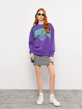 LCW Vision MOR Bisiklet Yaka Baskılı Kadın Kalın Sweatshirt