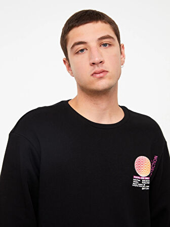 XSIDE Siyah Bisiklet Yaka Uzun Kollu Baskılı Erkek Kalın Sweatshirt