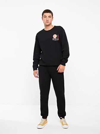 XSIDE Siyah Bisiklet Yaka Uzun Kollu Baskılı Erkek Kalın Sweatshirt