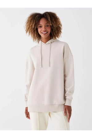 XSIDEBej Düz Oversize Kadın Kalın Hoodie