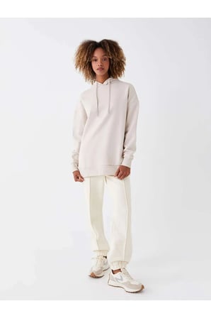 XSIDEBej Düz Oversize Kadın Kalın Hoodie