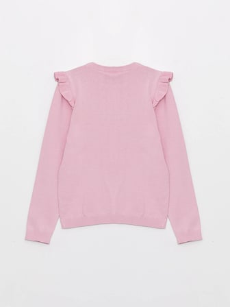LCW Kids Pembe Bisiklet Yaka Baskılı Uzun Kollu Kız Çocuk Triko Kazak