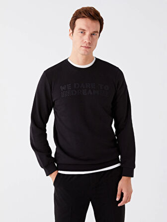 LCWAIKIKI Classic SİYAH Bisiklet Yaka Uzun Kollu Baskılı Erkek Kalın Sweatshirt