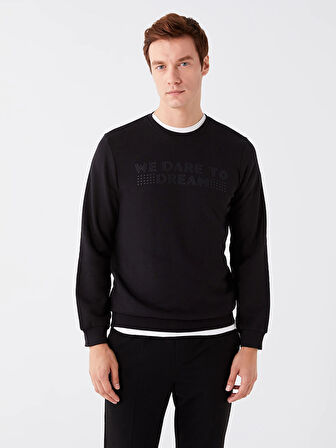 LCWAIKIKI Classic SİYAH Bisiklet Yaka Uzun Kollu Baskılı Erkek Kalın Sweatshirt