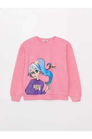 LCW Kids Bisiklet Yaka Baskılı Uzun Kollu Kız Çocuk Sweatshirt