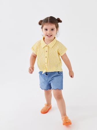 LCW baby Sarı Kısa Kollu Ekose Kız Bebek Gömlek
