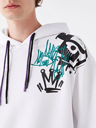 XSIDE Beyaz Uzun Kollu Baskılı Erkek Kalın Hoodie