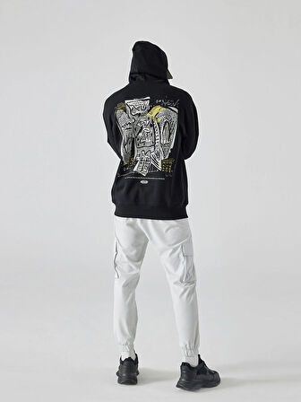 XSIDE Siyah Uzun Kollu Baskılı Erkek Kalın Hoodie