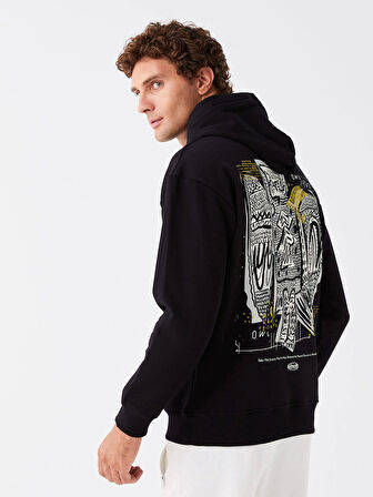 XSIDE Siyah Uzun Kollu Baskılı Erkek Kalın Hoodie