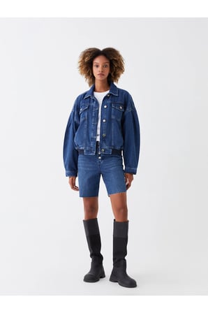 LCW Vision İndigo Gömlek Yaka Oversize Kadın Jean Ceket