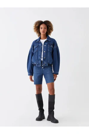 LCW Vision İndigo Gömlek Yaka Oversize Kadın Jean Ceket
